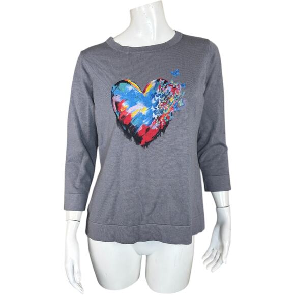 Attitudes by Renee Printed Statement Sweater Heart Flutters Medium Gray - Picture 1 of 13
